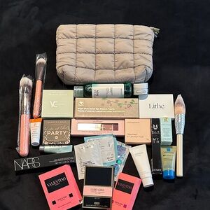 Quilted Beige Makeup Bag with Mixed Beauty Products